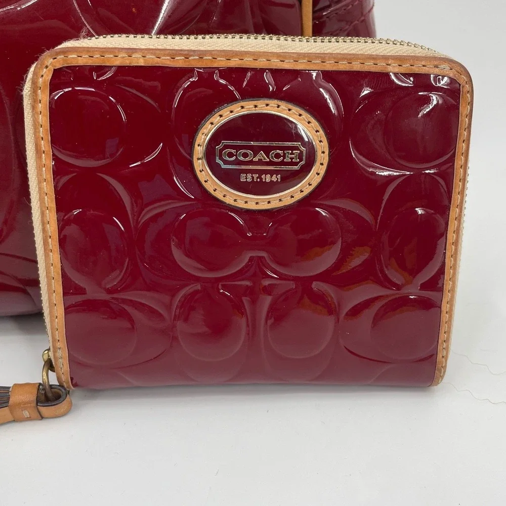 Coach Satchel Bag Women Medium Red Patent Leather Signature C Set Wallet Vintage